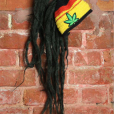 Tricolor knitted hat with hemp leaf and dreadlocks